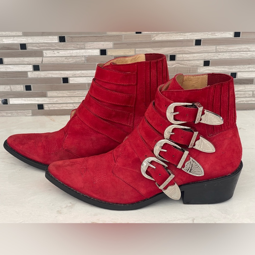 TOGA Pulla Red Suede Ankle Boots with Silver Buckles & Stacked Heel, 8 US
